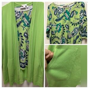 Belle by Kim Gravel Set: Green Paisley Top & Long-Sleeve Matching Sweater